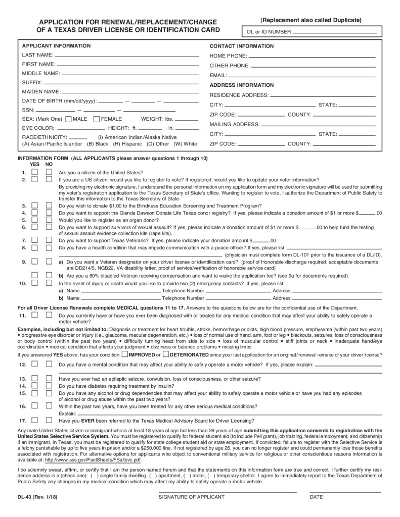 Texas drivers license permit application form